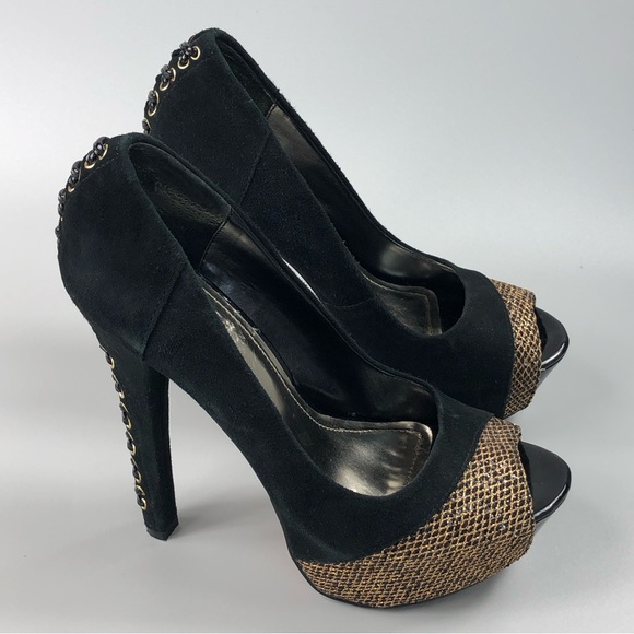 Wild Pair Suede Gold Mesh Peep Toe Heels Size 7.5 - Picture 3 of 15